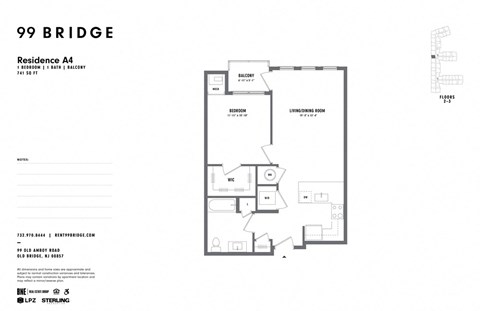 Floor plan for 1 bed, 1 bath, 741 sqft
